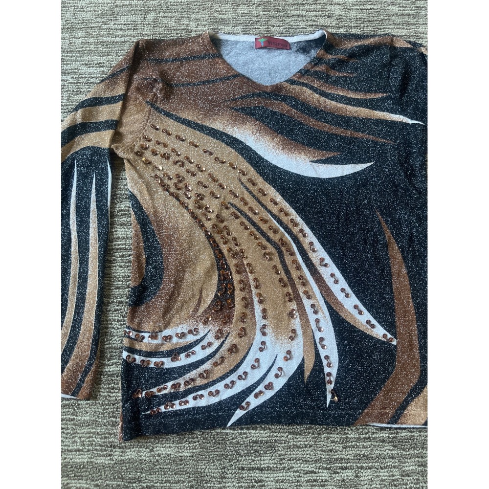 Yisifen Womens V-Neck Metallic Knit Top Abstract Sequin Long Sleeve size Medium